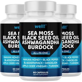 Sea Moss 3000, Black Seed Oil 2000, Ashwagandha 1000, Bladderwrack, Maca, Turmeric - Manuka Honey, Dandelion & Black Pepper, Super Antioxidants Supplement -120