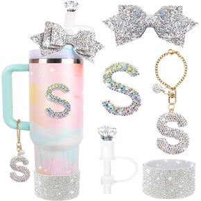 Water Bottle Accessories Set for Stanley Cup 30Oz, Letter Charms, Diamond Straw Cover, Glitter Silicone Boot Sticker, Bow Straw Topper