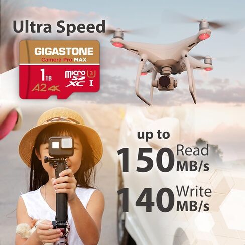 [استعادة بيانات مجانية لمدة 5 سنوات] بطاقة GIGASTONE 1 تيرابايت Micro SD، كاميرا 4K Pro MAX، تسجيل فيديو 4K لـ GoPro، DJI، Drone، R/W حتى 150/140 ميجابايت/ثانية، بطاقة ذاكرة MicroSDXC UHS-I U3 A2 V30، مع محول in Kuwait