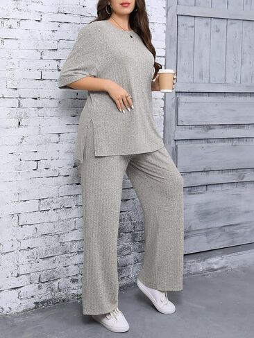 أطقم صالة نسائية من Beautife مقاس كبير، قمصان بأكمام قصيرة وسراويل بأرجل واسعة، بدلة رياضية مكونة من قطعتين للسفر في المطار in Kuwait