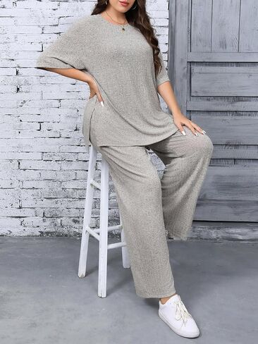 أطقم صالة نسائية من Beautife مقاس كبير، قمصان بأكمام قصيرة وسراويل بأرجل واسعة، بدلة رياضية مكونة من قطعتين للسفر في المطار in Kuwait