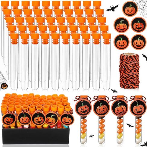 Photect 50 مجموعة أنابيب اختبار الهالوين 100 × 16 مم أنابيب بلاستيكية شفافة مع أغطية 10 مل أنابيب حلوى لتخزين الحلوى، تجارب علمية، هدايا حفلات الهالوين in Kuwait