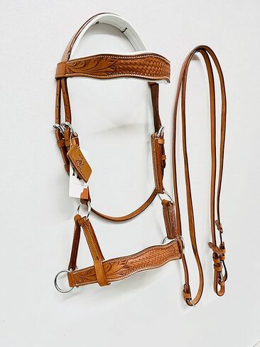 Sidepull Bitless Bridle with Designer Hand Carving On Browband & Noseband Curved Shaped Natural in Saudi Arabia