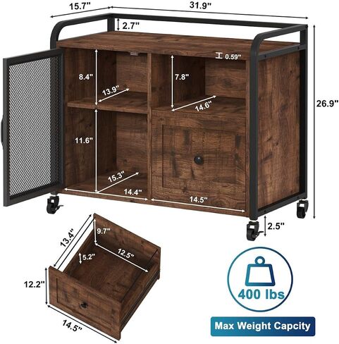 BON AUGURE Lateral File Cabinet for Home Office, Rolling Filing Cabinets with Drawer, Mobile Wood Metal Printer Stand with Storage (Rustic Oak) in Saudi Arabia