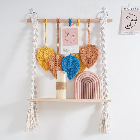 Macrame Wall Hanging Shelf Tier 1, Handmade Woven Boho Shelf Decor Macrame Wall Decor, Floating Hanging Plant Shelf Storage Organizer for Bathroom Bedroom Nursery in Saudi Arabia
