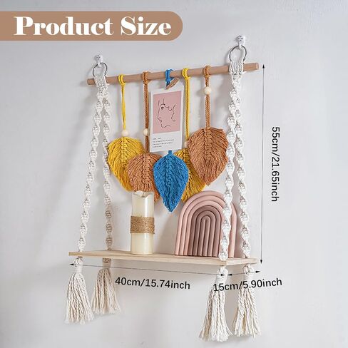 Macrame Wall Hanging Shelf Tier 1, Handmade Woven Boho Shelf Decor Macrame Wall Decor, Floating Hanging Plant Shelf Storage Organizer for Bathroom Bedroom Nursery in Saudi Arabia