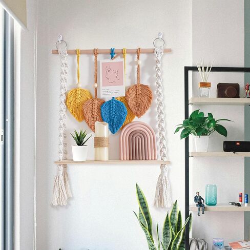 Macrame Wall Hanging Shelf Tier 1, Handmade Woven Boho Shelf Decor Macrame Wall Decor, Floating Hanging Plant Shelf Storage Organizer for Bathroom Bedroom Nursery in Saudi Arabia