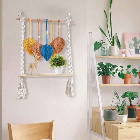 Macrame Wall Hanging Shelf Tier 1, Handmade Woven Boho Shelf Decor Macrame Wall Decor, Floating Hanging Plant Shelf Storage Organizer for Bathroom Bedroom Nursery in Saudi Arabia