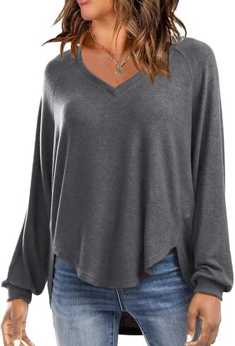 EXLURA Womens 2024 Fall Fashion Long Sleeve V Neck Shirts Casual Pullover Sweater Tops Loose Trendy Tunic Blouses in Saudi Arabia