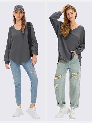 EXLURA Womens 2024 Fall Fashion Long Sleeve V Neck Shirts Casual Pullover Sweater Tops Loose Trendy Tunic Blouses in Saudi Arabia
