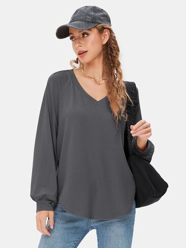 EXLURA Womens 2024 Fall Fashion Long Sleeve V Neck Shirts Casual Pullover Sweater Tops Loose Trendy Tunic Blouses in Saudi Arabia
