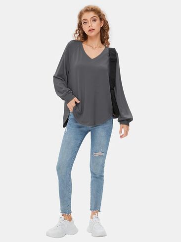 EXLURA Womens 2024 Fall Fashion Long Sleeve V Neck Shirts Casual Pullover Sweater Tops Loose Trendy Tunic Blouses in Saudi Arabia