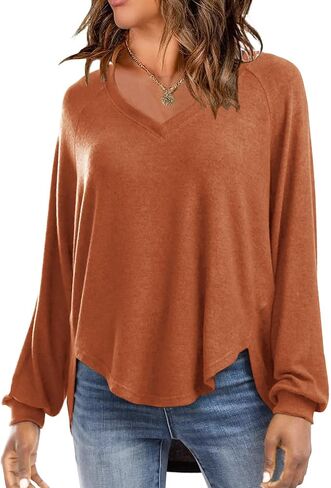 EXLURA Womens 2024 Fall Fashion Long Sleeve V Neck Shirts Casual Pullover Sweater Tops Loose Trendy Tunic Blouses in Saudi Arabia