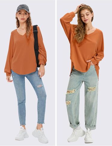 EXLURA Womens 2024 Fall Fashion Long Sleeve V Neck Shirts Casual Pullover Sweater Tops Loose Trendy Tunic Blouses in Saudi Arabia