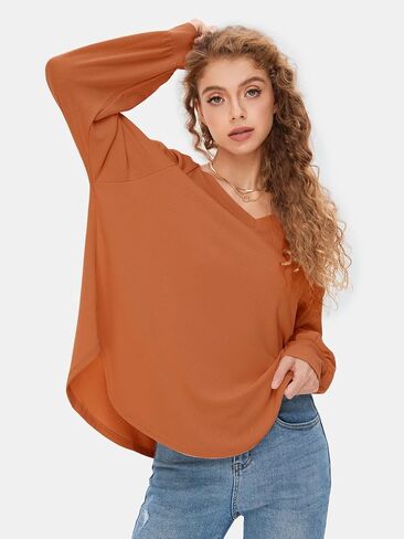 EXLURA Womens 2024 Fall Fashion Long Sleeve V Neck Shirts Casual Pullover Sweater Tops Loose Trendy Tunic Blouses in Saudi Arabia