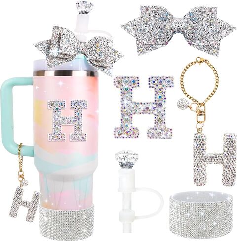 Water Bottle Accessories Set for Stanley Cup 30Oz, Letter Charms, Diamond Straw Cover, Glitter Silicone Boot Sticker, Bow Straw Topper in Kuwait