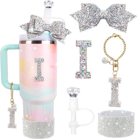 Water Bottle Accessories Set for Stanley Cup 30Oz, Letter Charms, Diamond Straw Cover, Glitter Silicone Boot Sticker, Bow Straw Topper in Kuwait