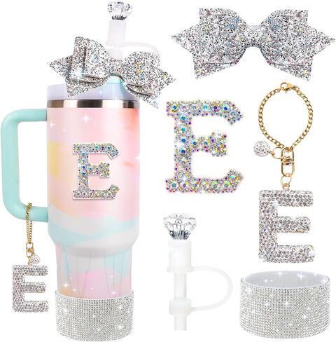 Water Bottle Accessories Set for Stanley Cup 30Oz, Letter Charms, Diamond Straw Cover, Glitter Silicone Boot Sticker, Bow Straw Topper in Kuwait