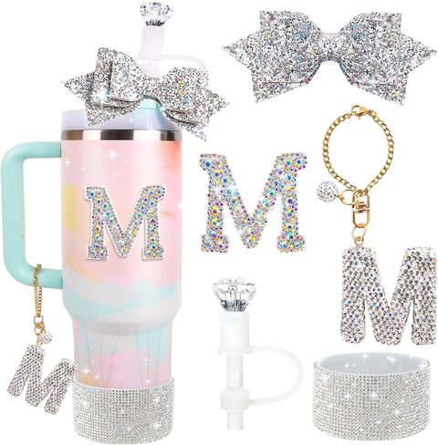 Water Bottle Accessories Set for Stanley Cup 30Oz, Letter Charms, Diamond Straw Cover, Glitter Silicone Boot Sticker, Bow Straw Topper in Saudi Arabia