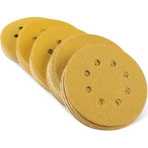 100 Pack 5-Inch 8-Hole Dustless Hook and Loop Sanding Discs, 60/80/120/220/320 Assorted Variety Grits Gold Sandpaper for Woodworking/Automotive/Random Orbital Sander in Saudi Arabia