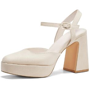 Coutgo Women's Chunky Platform High Heels Closed Toe Ankle Strap Pumps Wedding Party Dress Shoes
