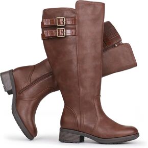 Women's Extra Wide Calf Block Heel Stacked Buckle Hidden Stretch Knee High Boots