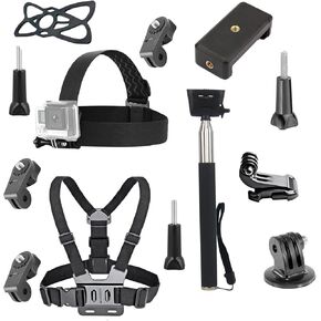 4 in 1 Universal Action Camera Accessories Kit Head Strap Mount/Chest Harness/Selfie Stick/Phone Holder Compatible with Gopro Hero 12 11 10 9 8/Insta360 One Camera/Mobile Phones