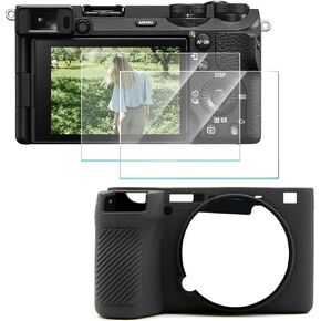 Screen Protector (2+1Pack) Compatible for Sony Alpha 6700,Tempered Glass Film Anti-Scratch High Definition and Soft Silicone Case for Sony A6700 Camera, black