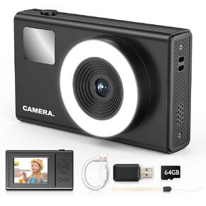 Digital Camera for Kids Fill Light, 1080P FHD Camera, Vintage Camera, Retro Digital Camera CCD for Teens Boys Girls Seniors Student Children, 64GB SD Card, 16X Zoom (Black)