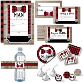 Amanda Creation Little Man Bow Tie Boy Baby Shower Party Bundle Includes 20 each of Invitations with Envelopes + 4 Different Sizes of Decorative Stickers, Diaper Tickets & Bring a Book Cards