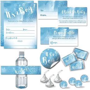 Amanda Creation Blue Watercolor Boy Baby Shower Party Bundle Includes 20 each of Invitations with Envelopes + 4 Different Sizes of Decorative Stickers, Diaper Tickets & Bring a Book Cards