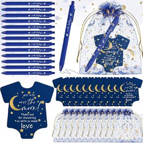 Kosiz 150 Pcs Twinkle Small Star Baby Shower Favor for Guests 50 Baby Shower Pens Baby Boy Pen 50 Baby Shower Thank You Cards Moon and Star Card 50 Moon Organza Bags for over the Moon Baby Shower
