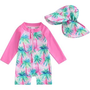 Toddler Baby Girl Boy Rash Guard Swimsuit with Hat Long Sleeve Floral Zip One Piece Bathing Suit Summer Swim Jumpsuit