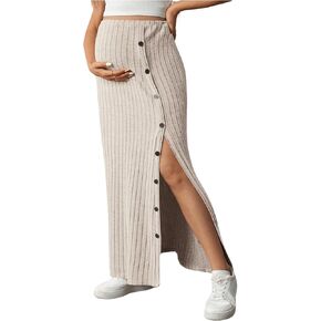 MakeMeChic Women's Maternity Skirt Rib Knit Button Split Thigh Pregnancy Long Skirts