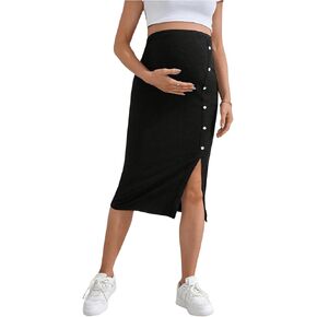 Women's Maternity Skirt Button Front Knitted Split High Waisted Pregnancy Pencil Skirt