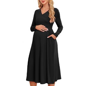 Women's 2024 Fall Patchwork Maternity Nursing Dress with Pockets Long Sleeve V Neck Clothes Midi Pregnancy Dresses