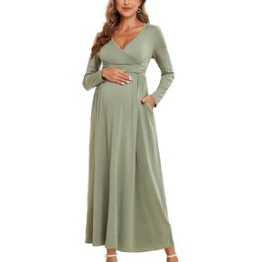 2025 Women's Maternity Maxi Dress Long Sleeve Wrap V Neck Pregnancy Dresses with Pockets Baby Shower Photoshoot Formal