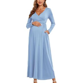 2024 Women's Maternity Maxi Dress Long Sleeve Wrap V Neck Pregnancy Dresses with Pockets Baby Shower Photoshoot Formal