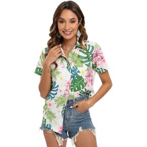 Blueleaf Hawaiian Shirt for Women Short Sleeve Button Down Shirts Summer Outfits Tropical Flower Leaves Beach Tops M