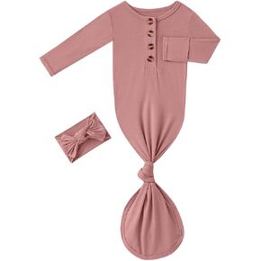 Newborn Baby Boys Girls Knotted Gown Headband/Hat Set Clothes Bamboo Viscose Soft Sleeper Sleep Gown with Mittens