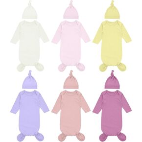 Cuffbow 6 Packs Newborn Baby Knotted Gowns Set 0-6 Months Cotton Sleeper Long Sleeve Nightgown Hat Set for Infant