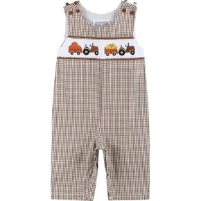 Lil cactus Brown Gingham Pumpkin and Corn Tractor Smocked Overalls