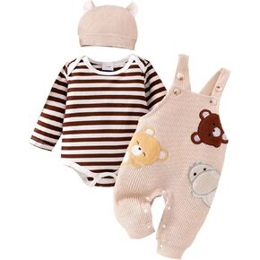 Baby Boy Clothes Newborn Striped Romper Fall Outfits + Infant Cartoon Suspender Overall + Cute Hat 3 Pcs 0-12 Months