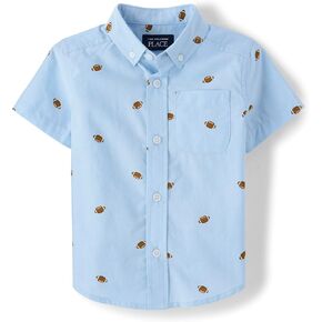 The Children's Place Baby Boys' and Toddler Poplin Short Sleeve Button Down Shirt, Football Print, 18-24 Months