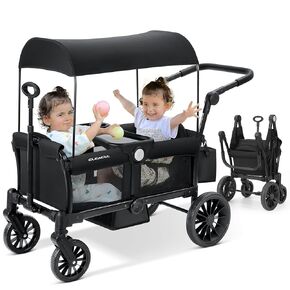 ELEMARA Wagon Stroller for 2 Kids, Premium All-Terrain Stroller Wagon, Collapsible Kids Wagon with Canopy, Adjustable Push/Pull Handle Bar, Comfortable drop-down footwell and Upholstered Seats, Black