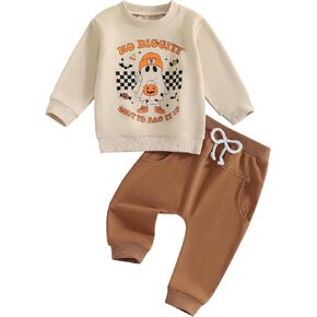 Toddler Baby Boys Halloween Outfit Ghost Letters Print Sweatshirt and Solid Jogger Pants Set Fall Clothes