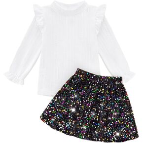 Weixinbuy Toddler Baby Girl Fall Clothes Outfits Solid Long Sleeve T-Shirt Top Sparkly Sequin Skirt 2Pcs Kids Party Outfit
