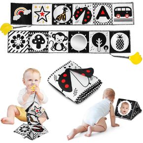 Black and White High Contrast Baby Toys 0-6 6-12 Months, Soft Book with Teether, Newborn Infants Tummy Time Toys, 0-3 3-6 Month Sensory Development, Visual Stimulation, Montessori Learning Essentials