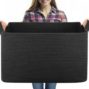 Extra Large Blanket Basket, Woven Storage Basket for Living Room, Nursery Blanket Storage, Rectangle Storage Basket for Toys, Towels, Dirty Clothes Basket, 23.6" x 16.5" x 13.8" (Black)