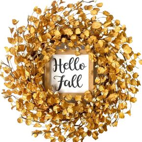 Fall Wreath for Front Door Hello Fall Sign 18 Inch Wreaths with Coffee Artificial Leaf Berry for Thanksgiving Farmhouse Home Porch Indoor or Outdoor Decor